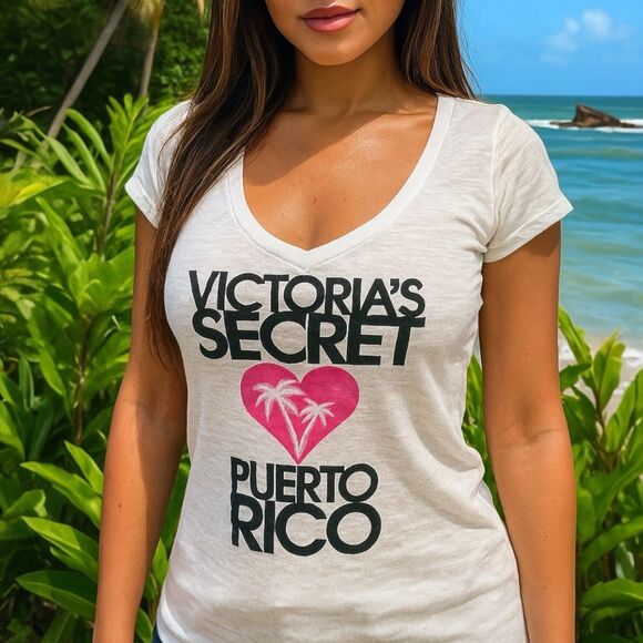 Victorias Secret Puerto Rico T Shirt M White Glitter Palm Trees Heart - Picture 1 of 10